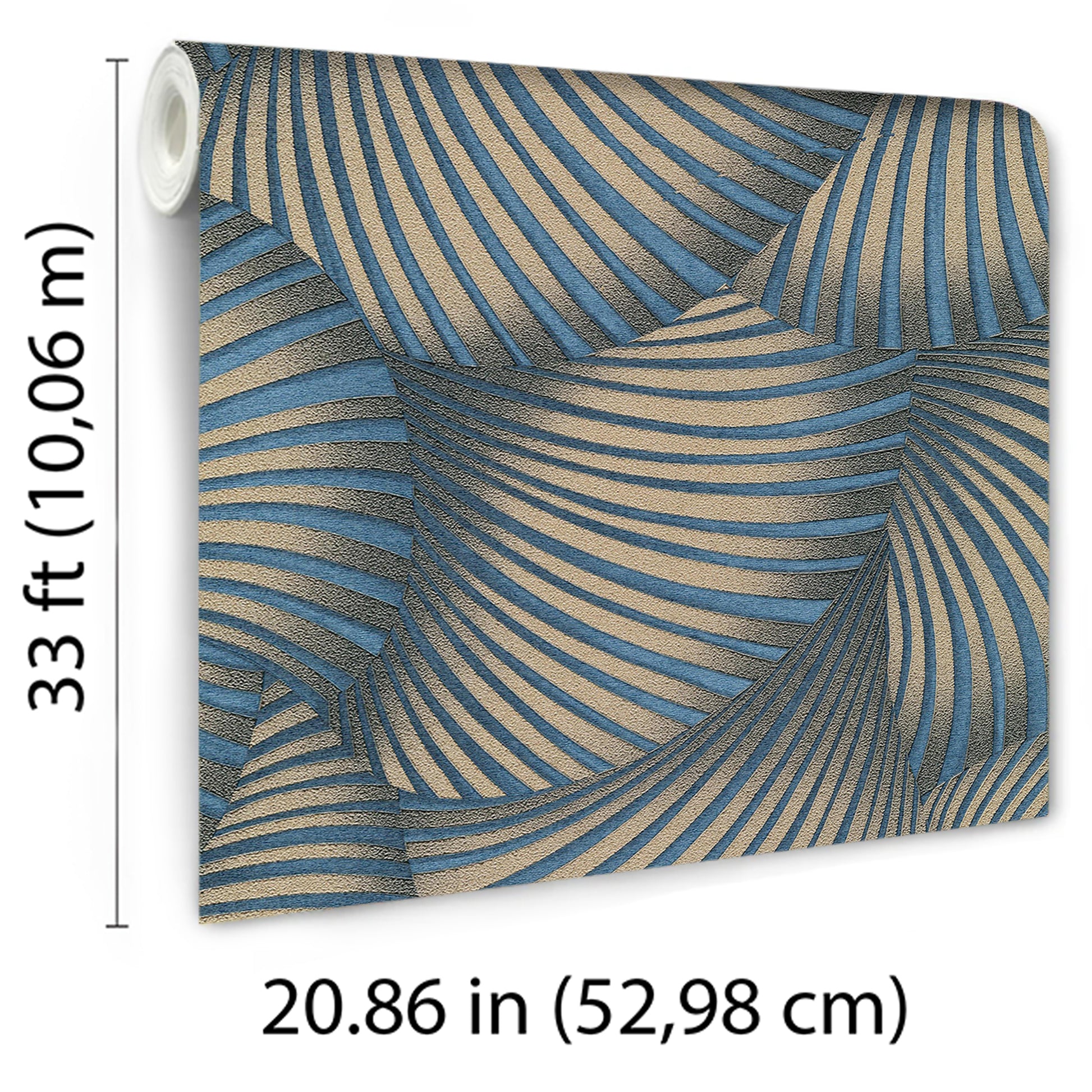 Blue twill wallpaper with an abstract, wavy striped pattern and metallic sheen; rolled sample for wall decor.