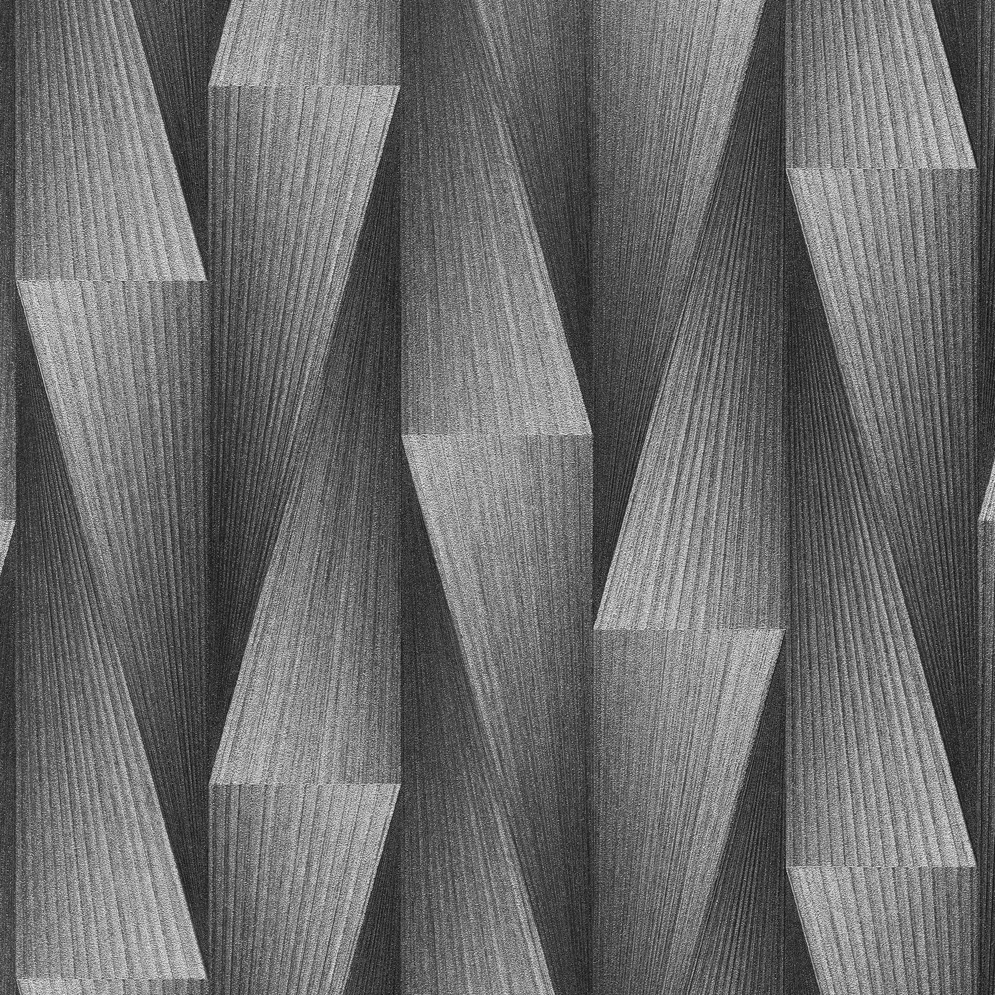 Silver wallpaper with a geometric, folded, slatted texture in a 3D origami-inspired pattern.