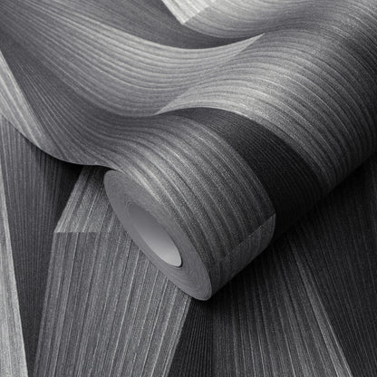 Rolled gray textured wallpaper with subtle linear wood grain pattern.