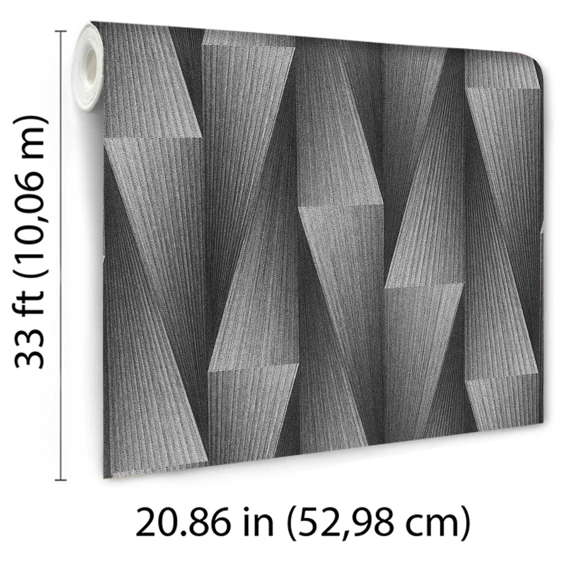 Silver wallpaper with geometric 3D triangular-prism pattern; rectangular sheet on a roll with a rolled edge visible.