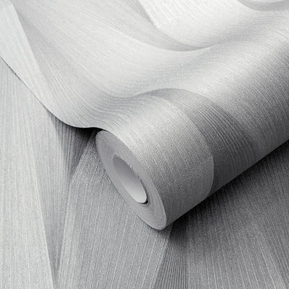 Light gray textured wallpaper roll with fine linear ribbing and matte finish, partially unrolled.