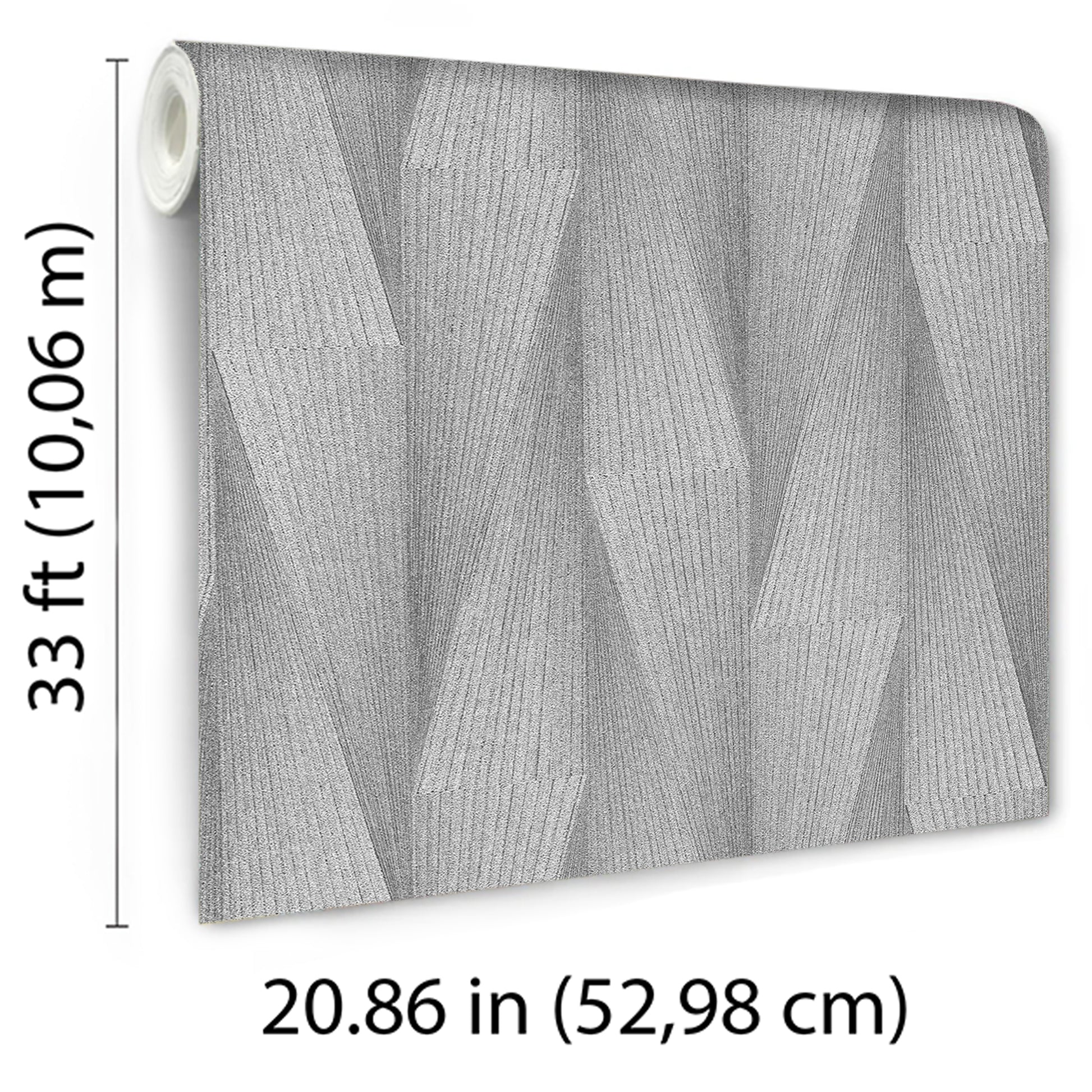 Grey geometric patterned wallpaper roll with angular facets, fabric-textured finish; 52.98 cm wide x 10.06 m long.
