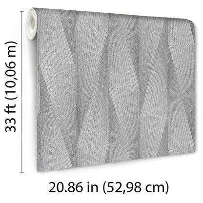 Grey geometric patterned wallpaper roll with angular facets, fabric-textured finish; 52.98 cm wide x 10.06 m long.