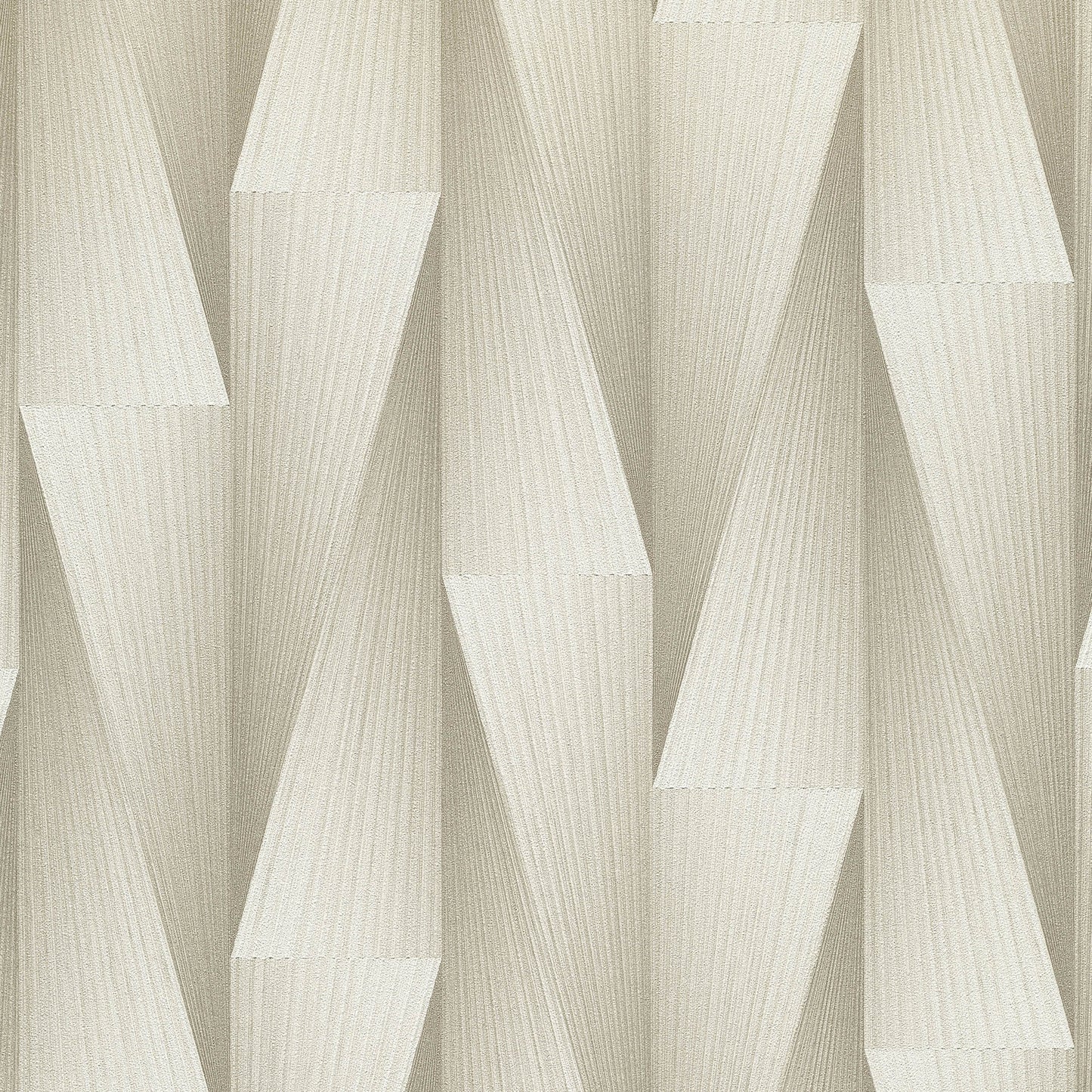 Taupe wallpaper with geometric, origami-inspired pleated pattern and a subtle 3D texture.