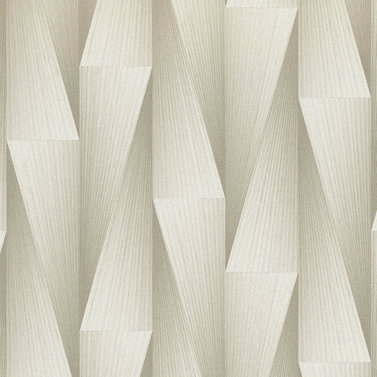 Taupe wallpaper with geometric, origami-inspired pleated pattern and a subtle 3D texture.