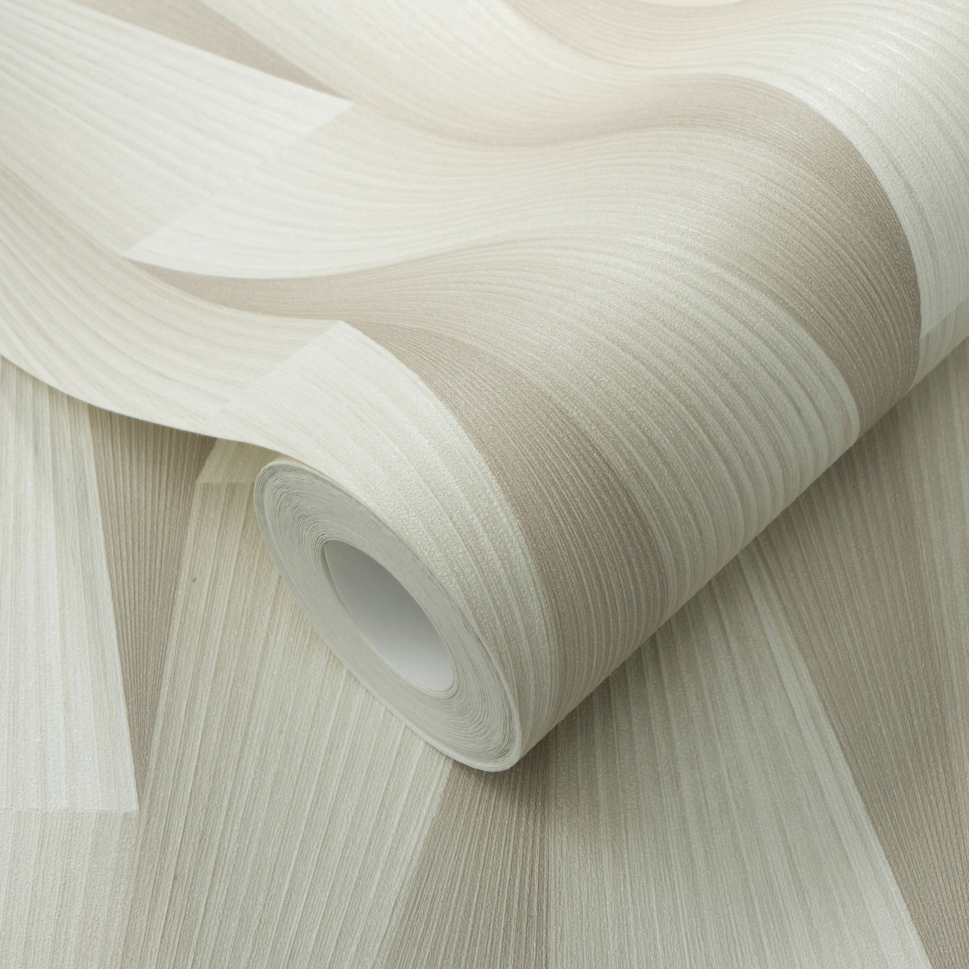 Taupe linen-textured wallpaper roll with subtle vertical ribbing for wall decoration.