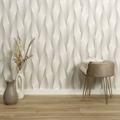 Taupe wallpaper with a subtle 3D geometric pattern.