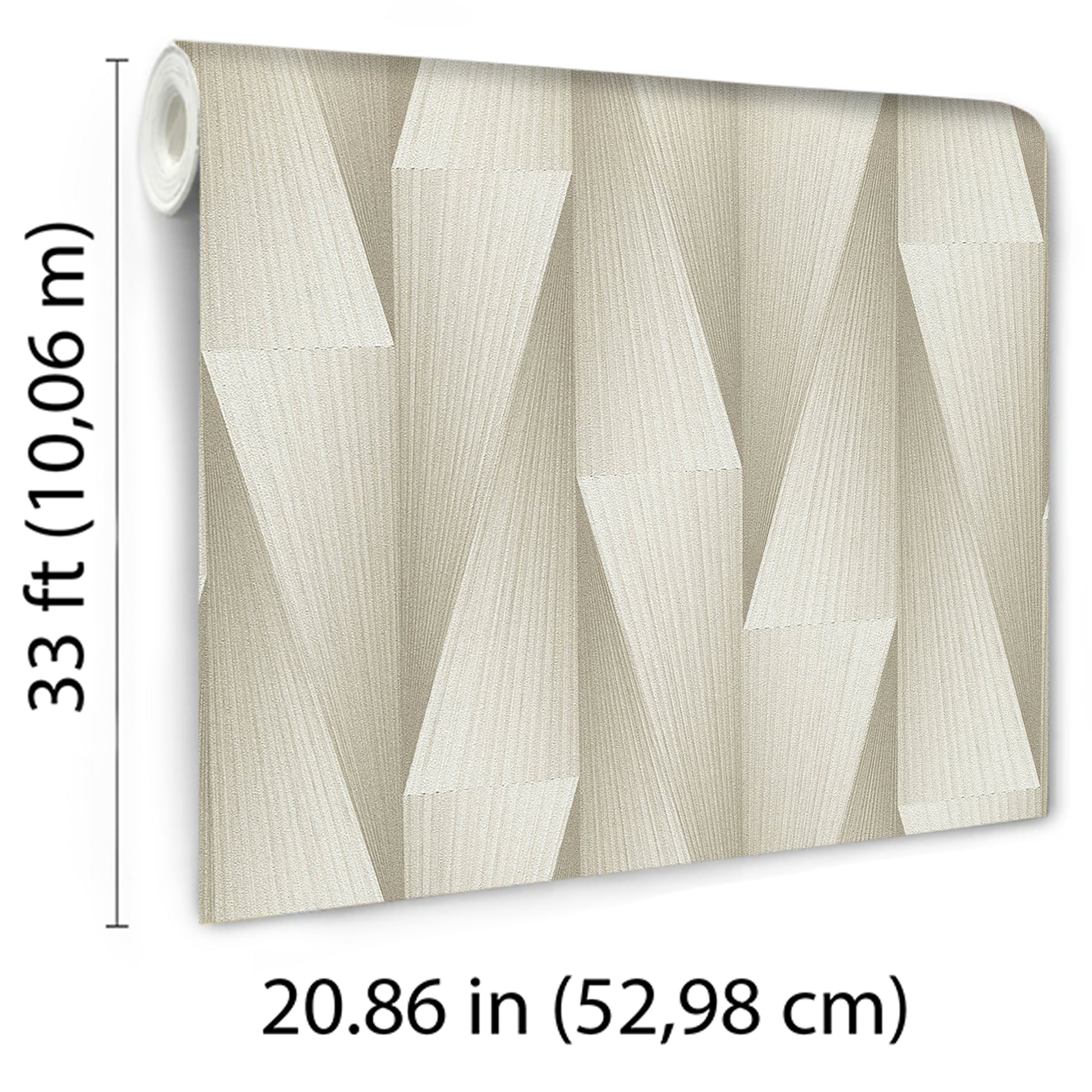 Taupe wallpaper with a geometric 3D triangular-prism pattern; transitional wallpaper.