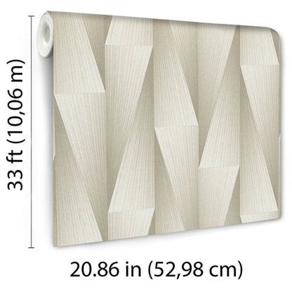 Taupe wallpaper with a geometric 3D triangular-prism pattern; transitional wallpaper.