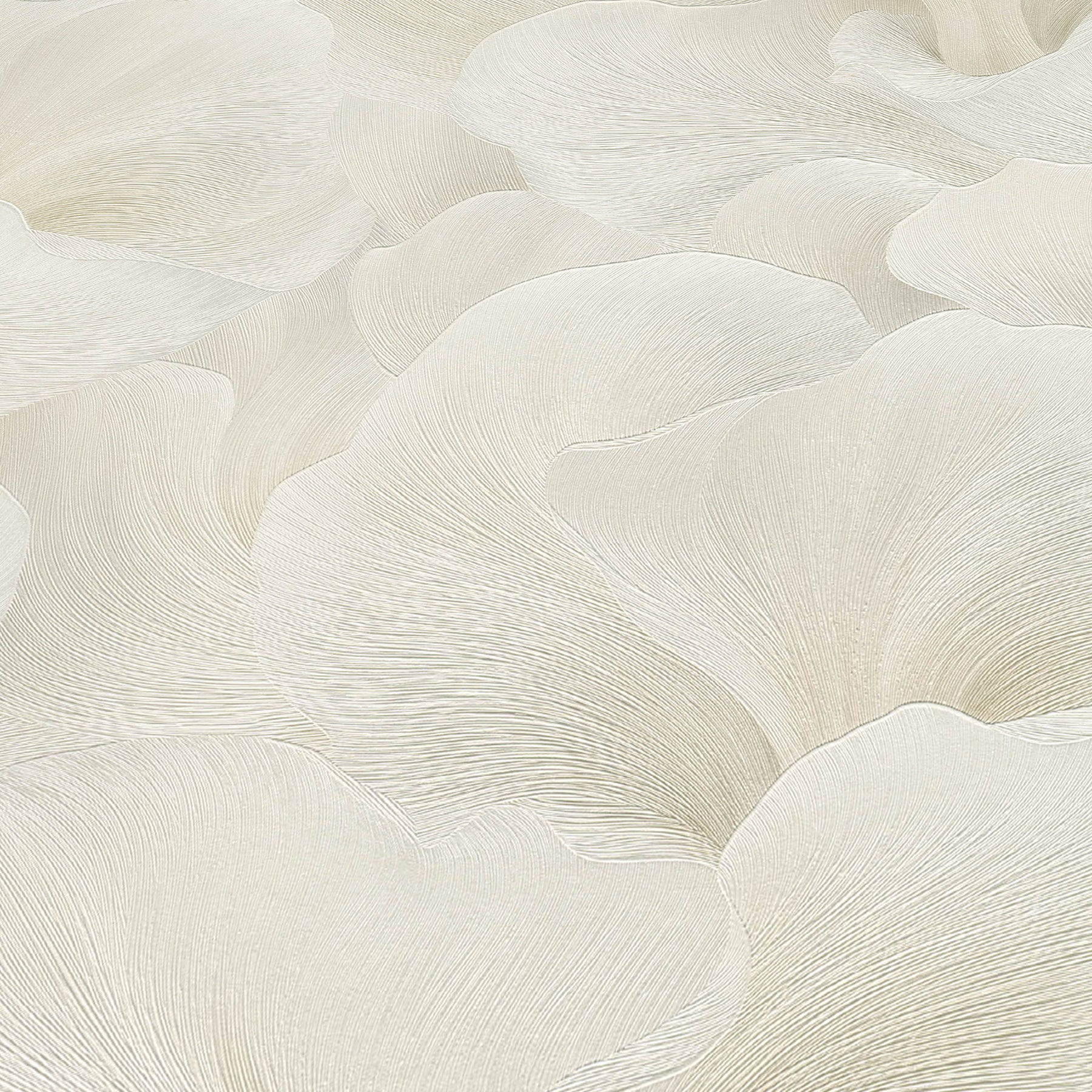 Beige wallpaper with overlapping petal-like waves and fine linear texture; soft, floral-inspired wall decor.