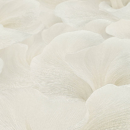 Beige wallpaper with overlapping petal-like waves and fine linear texture; soft, floral-inspired wall decor.