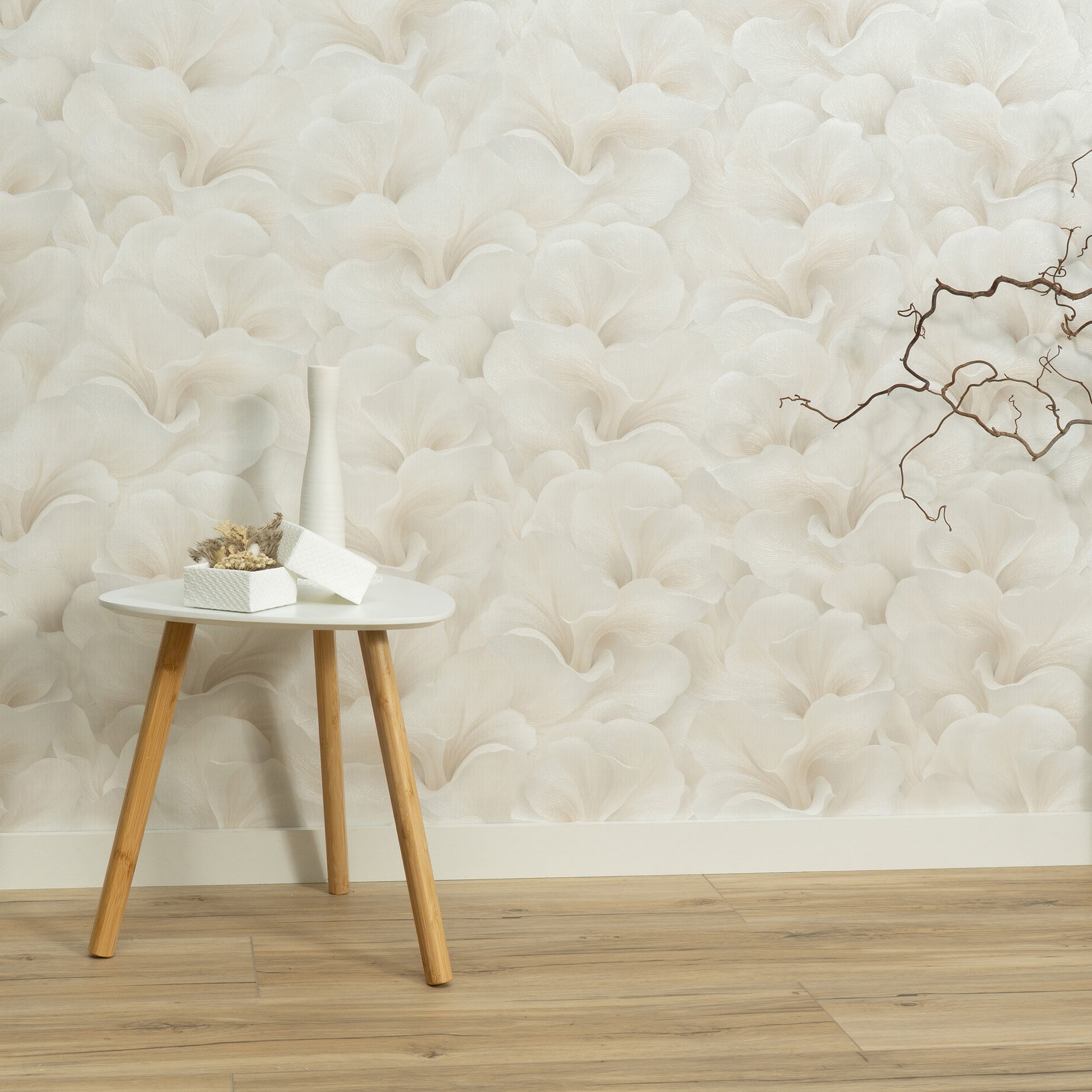 Beige floral wallpaper with a subtle glow pattern.