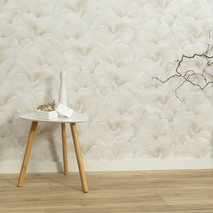 Beige floral wallpaper with a subtle glow pattern.