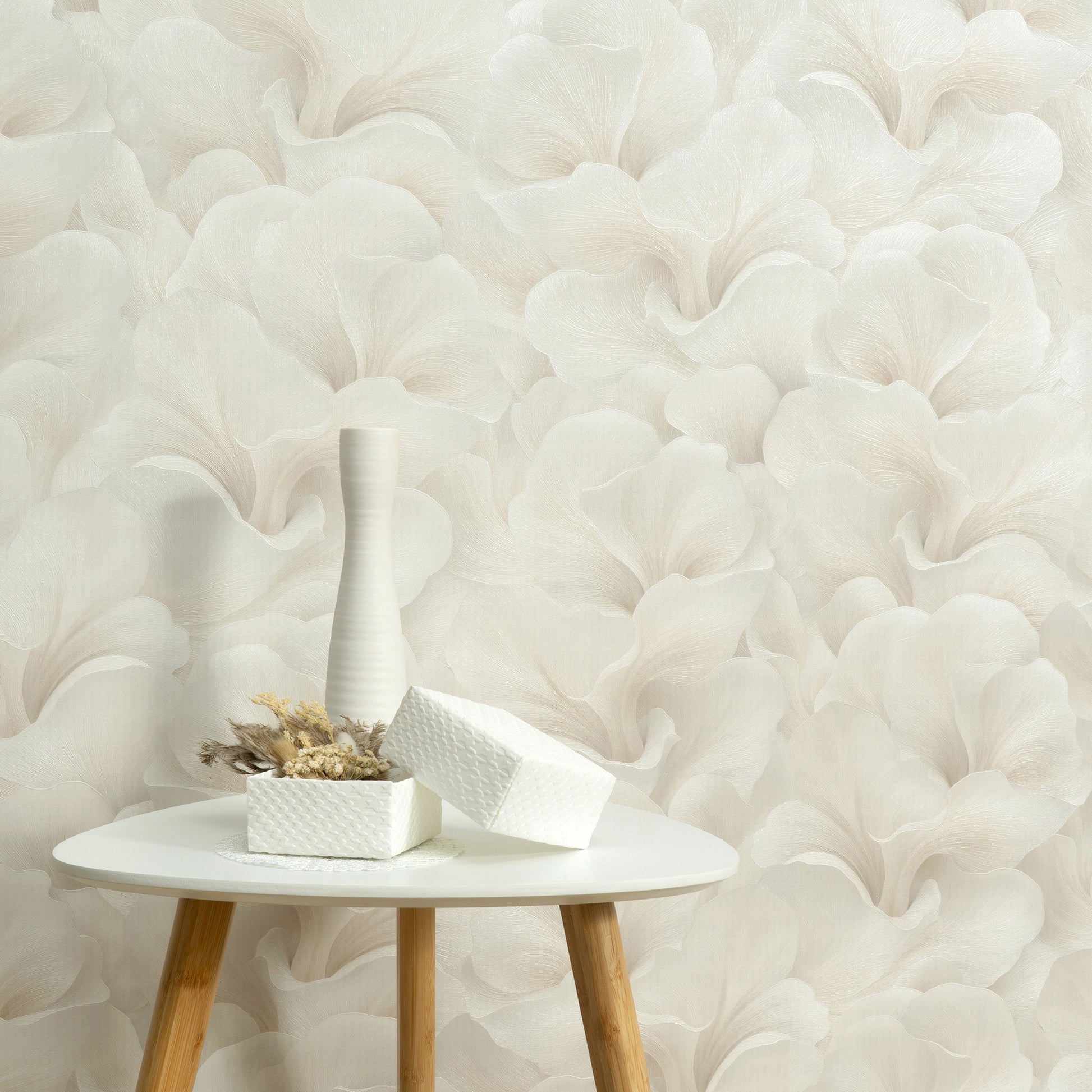 Beige wallpaper with a subtle floral motif and a soft glow.