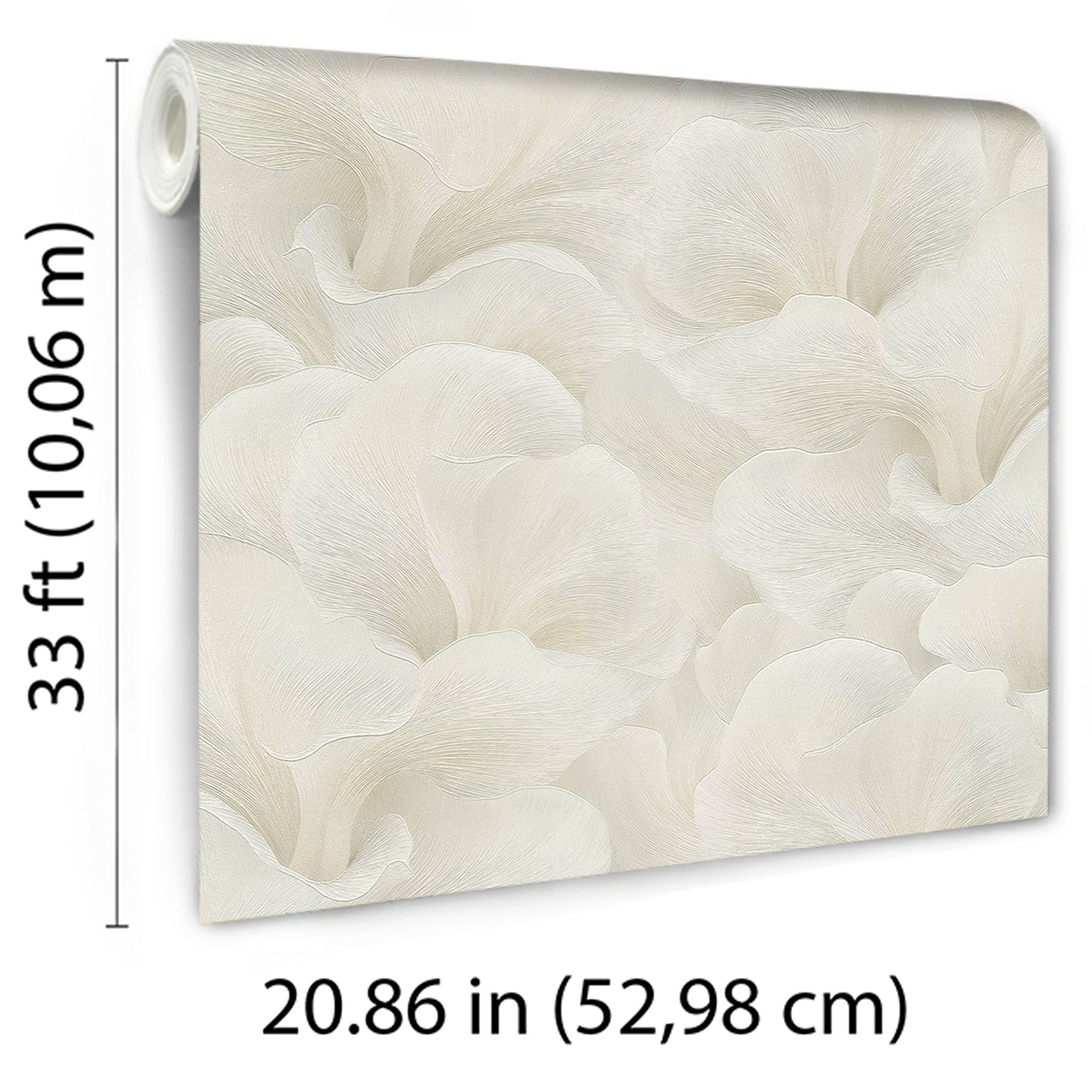 Beige floral wallpaper roll with large petals, subtle textured finish; 33 ft long, 20.86 in wide.