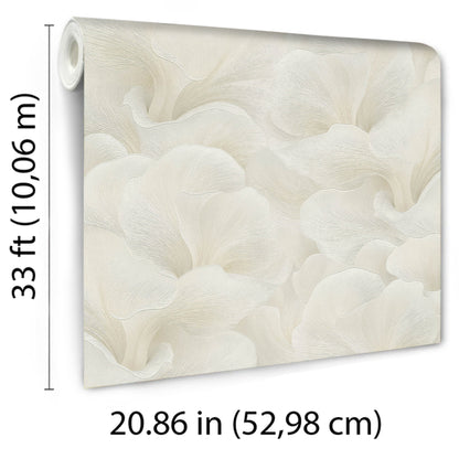 Beige floral wallpaper roll with large petals, subtle textured finish; 33 ft long, 20.86 in wide.