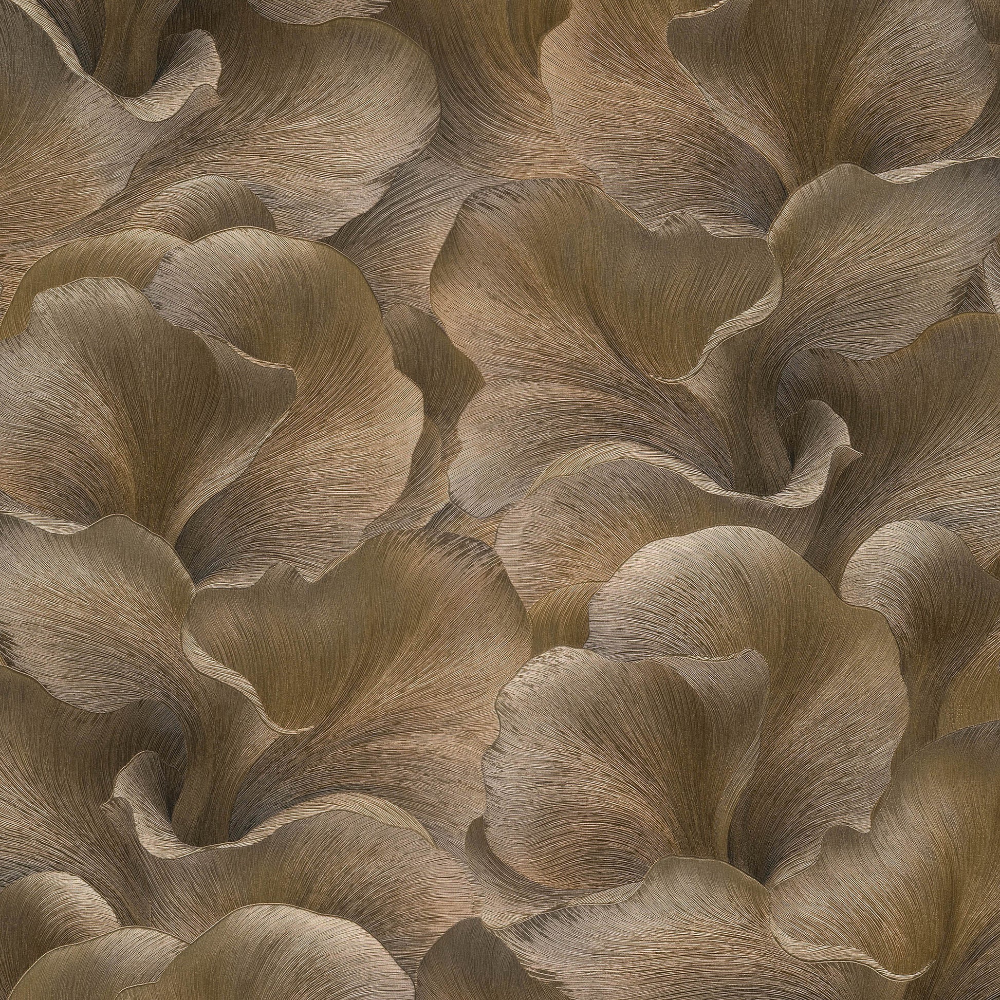 Brown wallpaper featuring layered ginkgo leaf shapes and a textured linen-like finish.