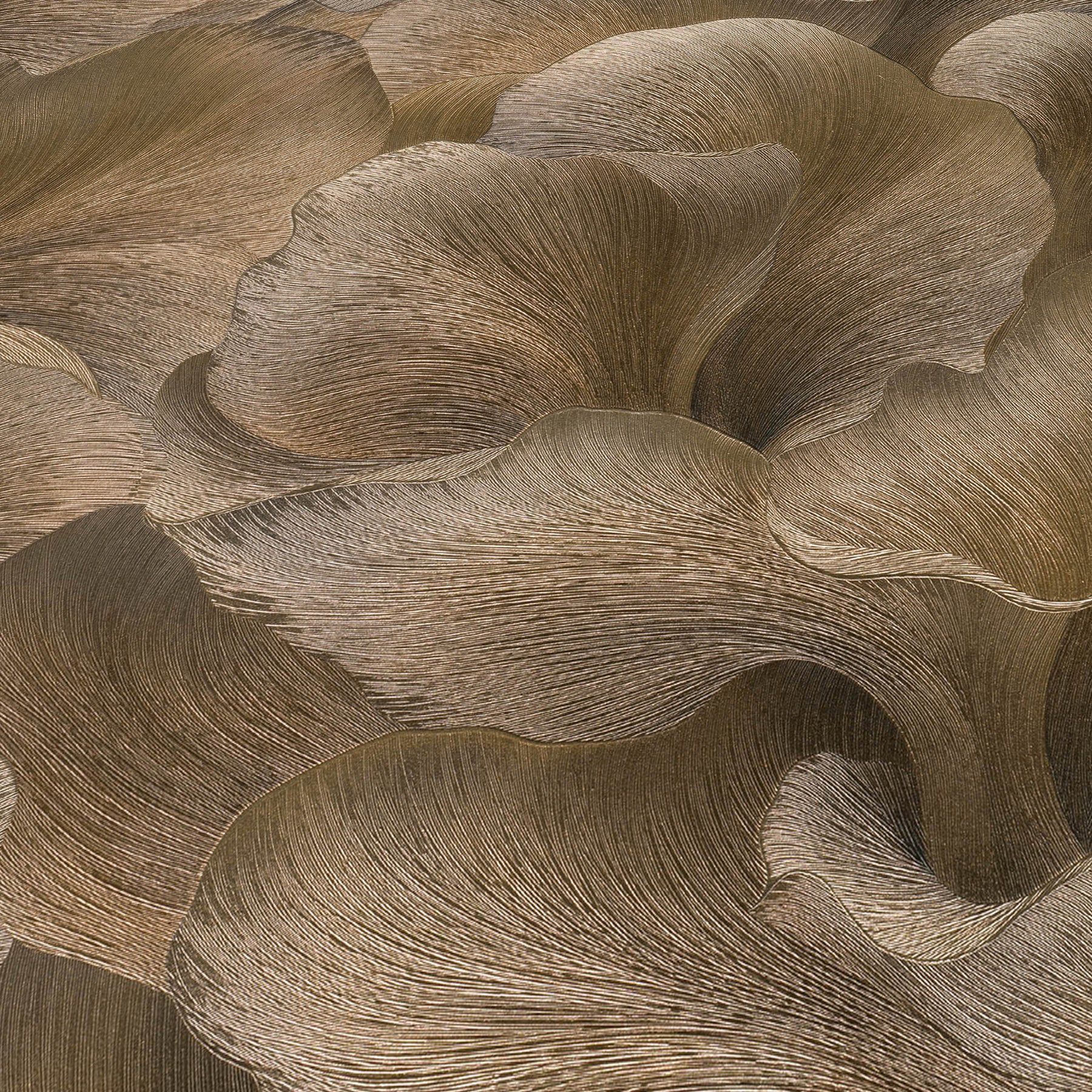 Abstract beige-brown, wavy, layered pattern with fine wood-grain lines; ideal for wallpaper texture.