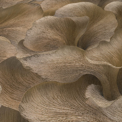 Abstract beige-brown, wavy, layered pattern with fine wood-grain lines; ideal for wallpaper texture.