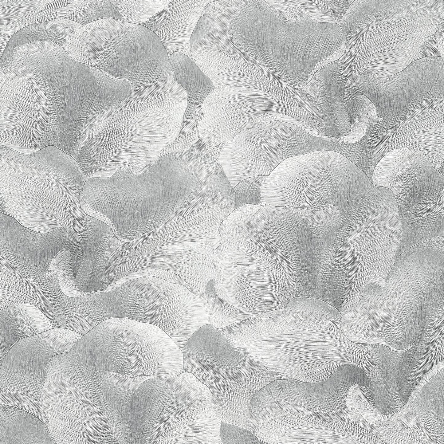 Soft gray wallpaper with large overlapping petal-like shapes and subtle brushed texture.