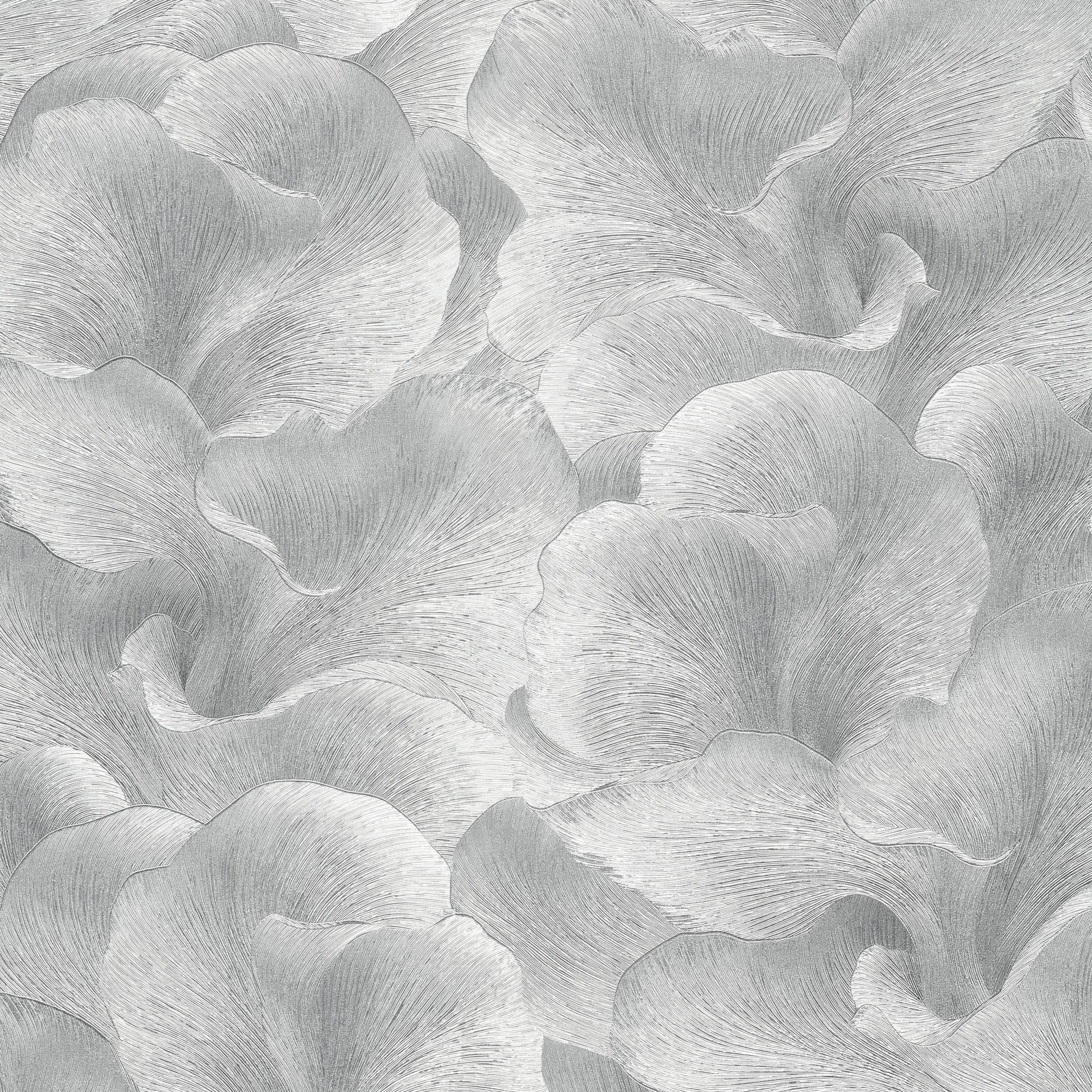 Soft gray wallpaper with large overlapping petal-like shapes and subtle brushed texture.
