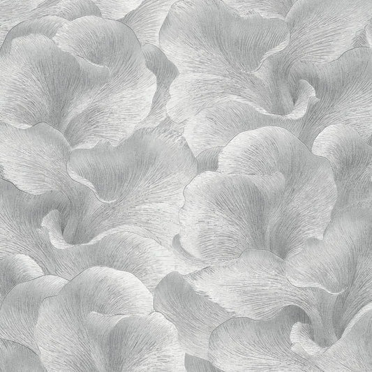Soft gray wallpaper with large overlapping petal-like shapes and subtle brushed texture.