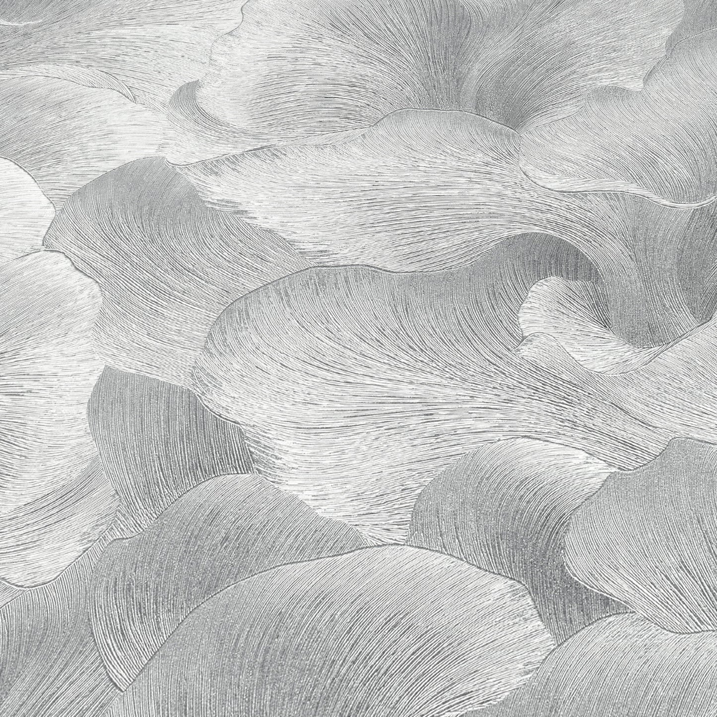Silver wallpaper with a delicate floral motif on a gray background.
