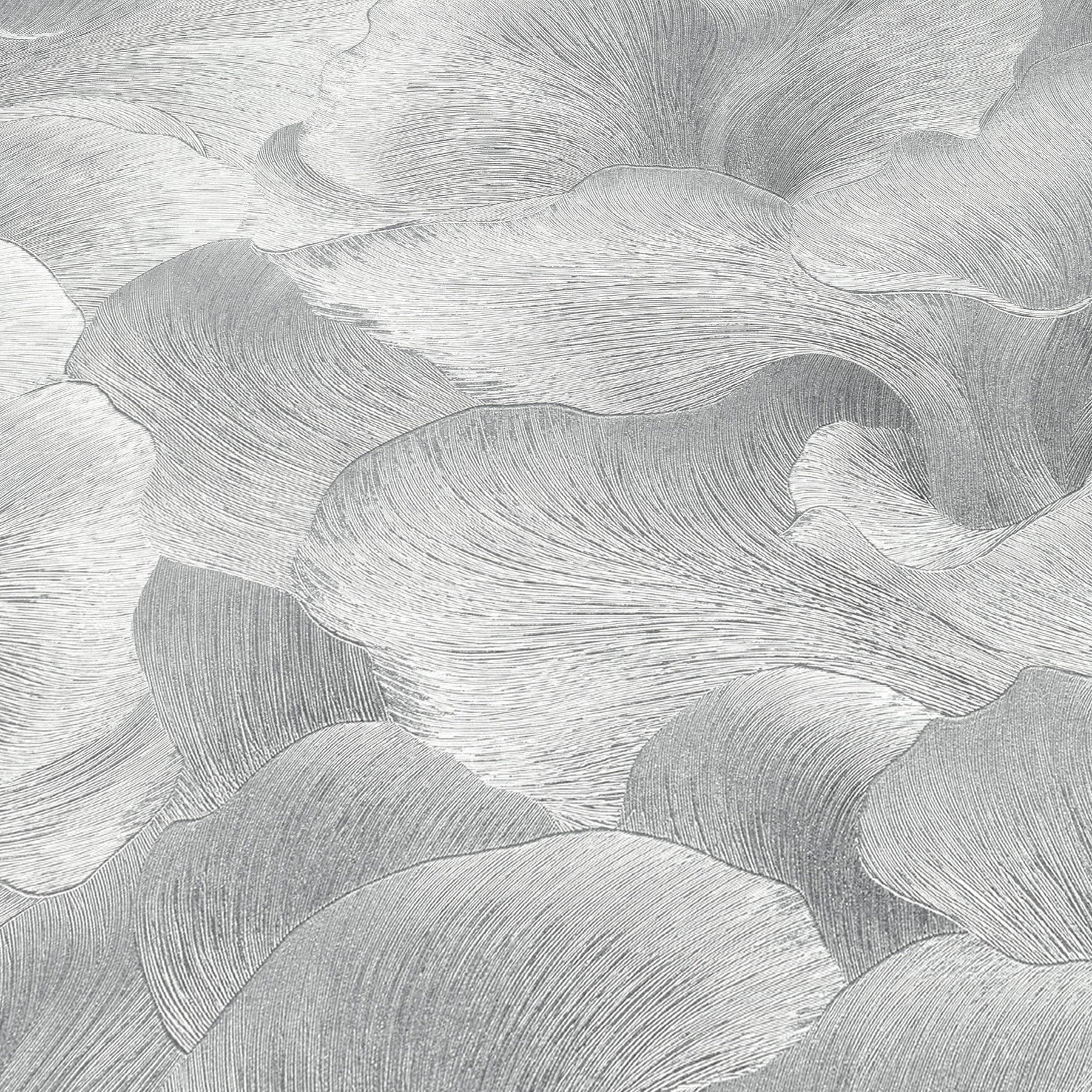 Silver wallpaper with a delicate floral motif on a gray background.