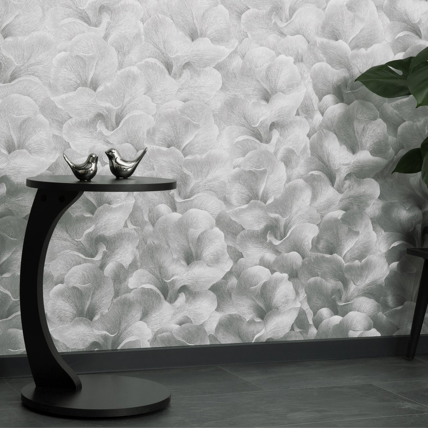 Grey floral wallpaper with a subtle silver glow pattern.