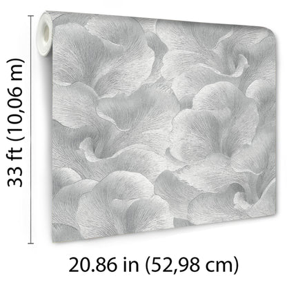 Gray floral wallpaper roll with large petal pattern and metallic finish, 52.98 cm wide by 10.06 m long.