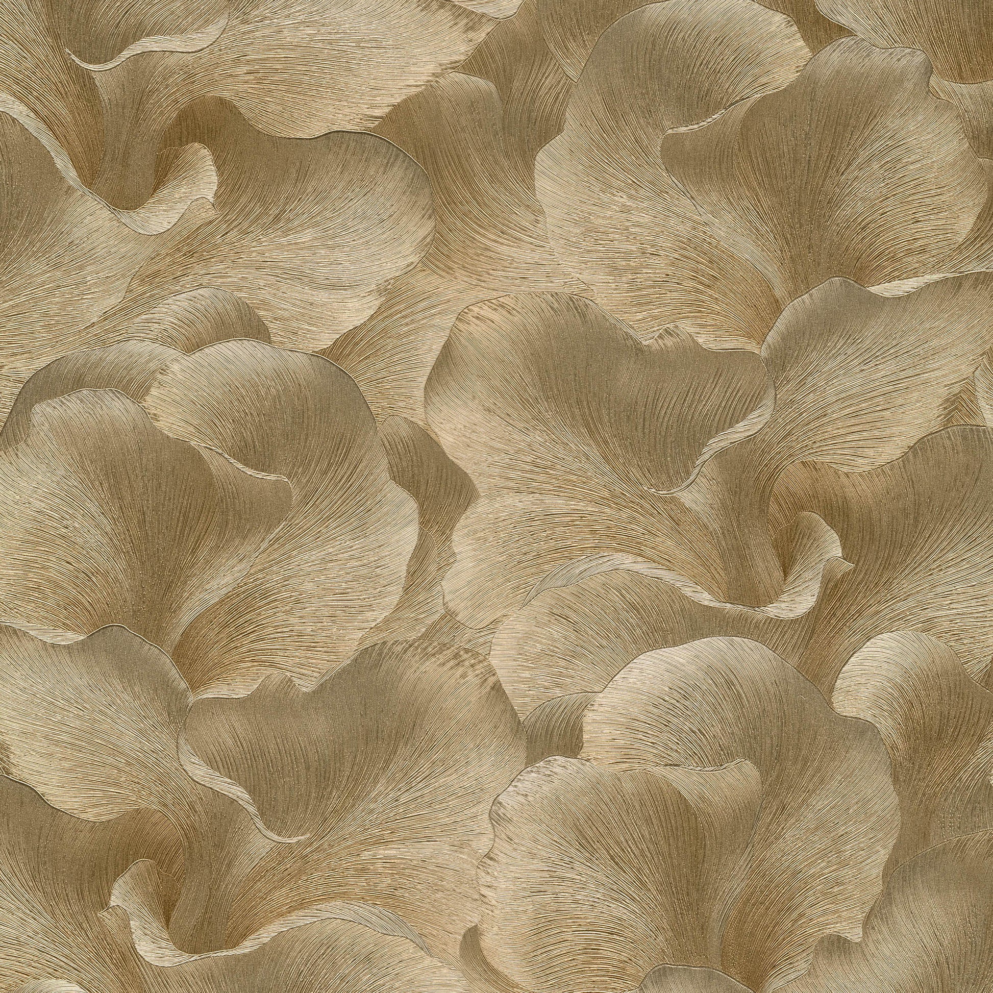 Gold-toned textured wallpaper with flowing petal-like shapes and subtle metallic sheen.