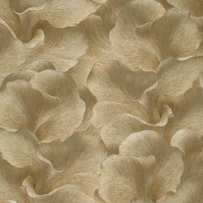 Gold-toned textured wallpaper with flowing petal-like shapes and subtle metallic sheen.