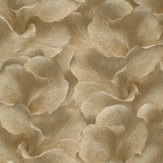 Gold-toned textured wallpaper with flowing petal-like shapes and subtle metallic sheen.