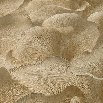 Gold metallic wallpaper with flowing, shell-like folds and fine linear texture.