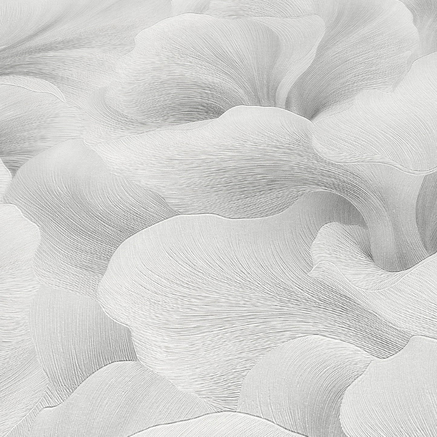 Soft gray abstract petal-like waves with fine linear texture; elegant wallpaper pattern.