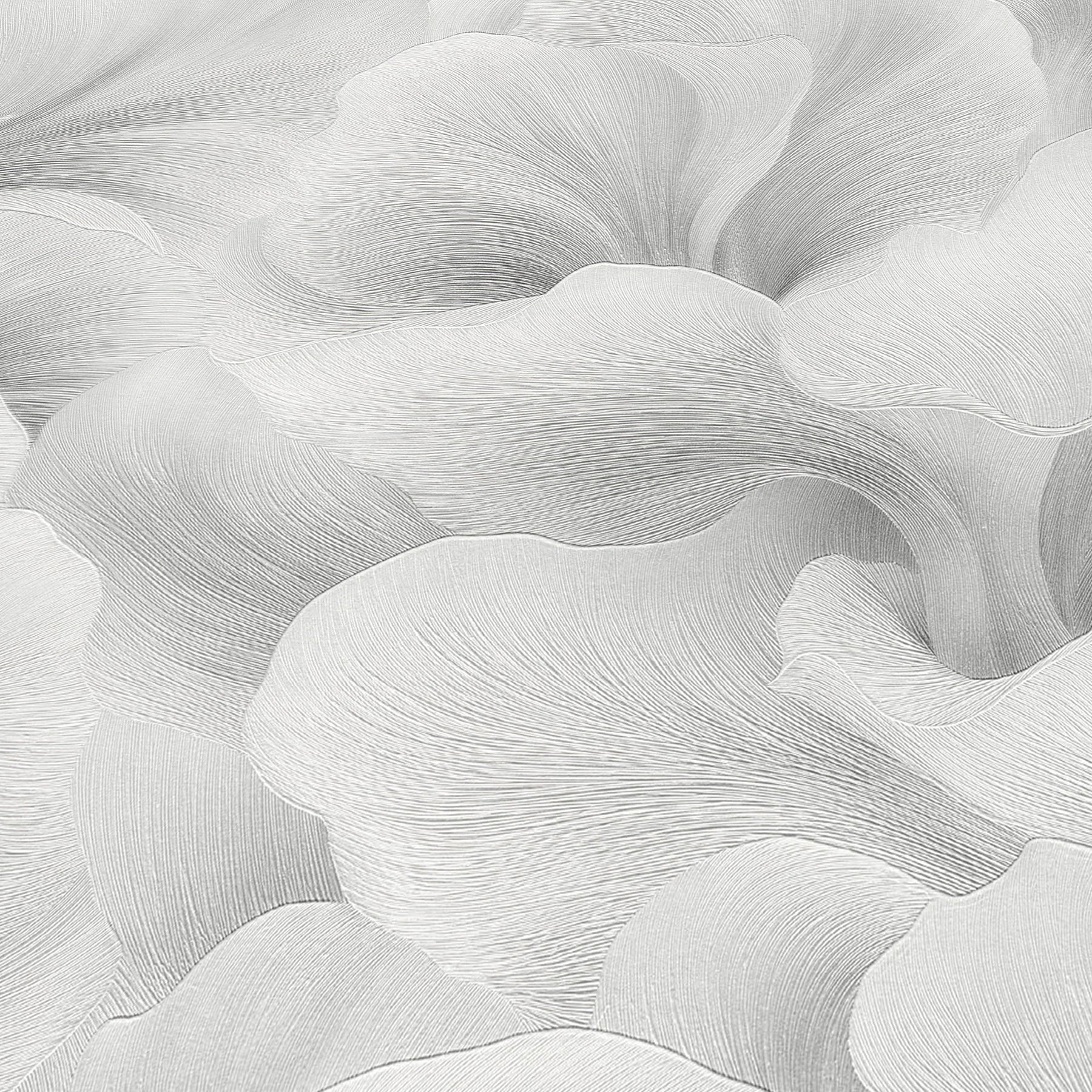 Soft gray abstract petal-like waves with fine linear texture; elegant wallpaper pattern.