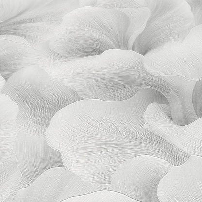 Soft gray abstract petal-like waves with fine linear texture; elegant wallpaper pattern.