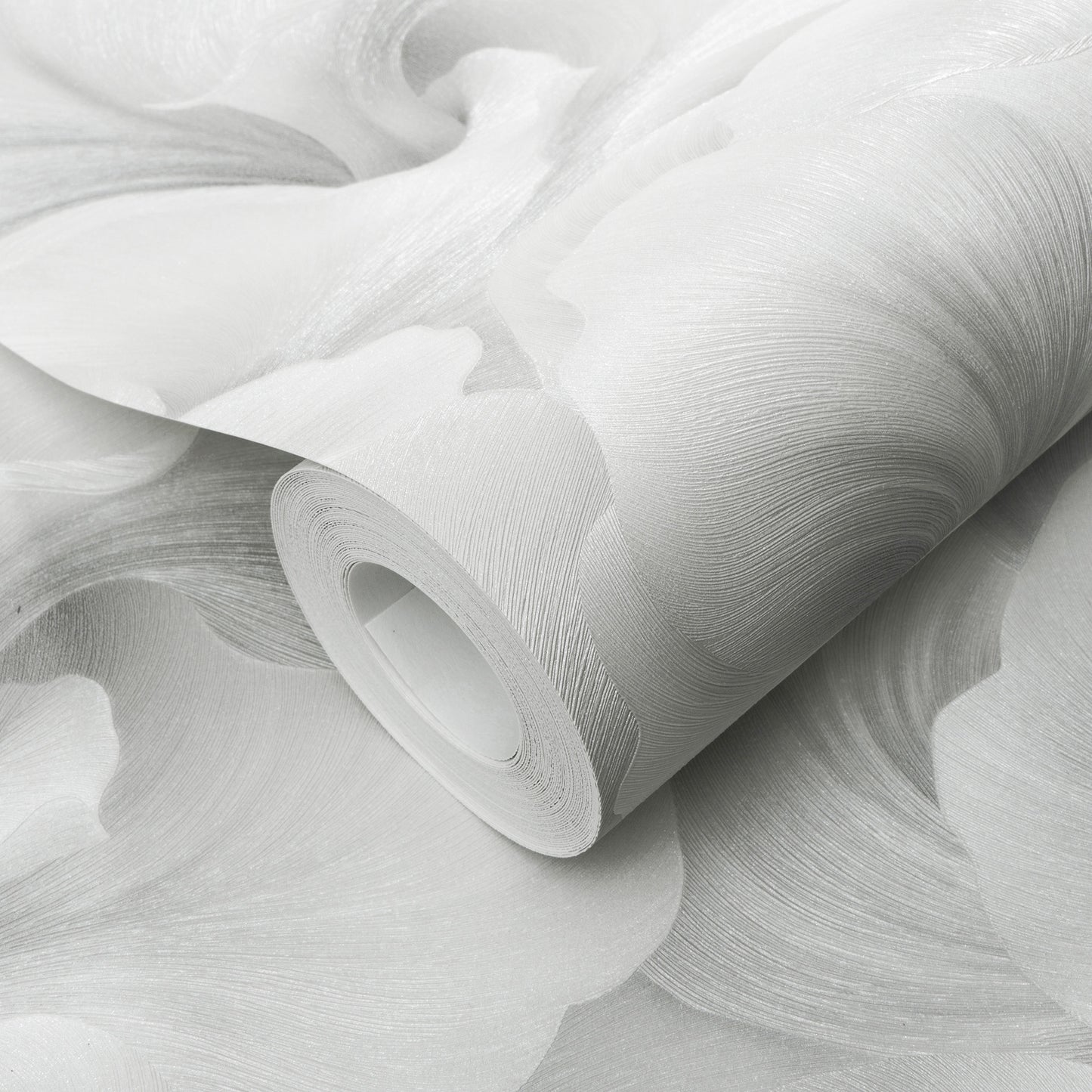Rolled light gray floral wallpaper with a soft glow pattern; modern wallcovering for living spaces.