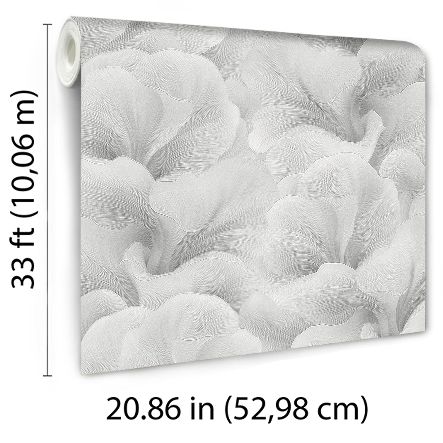 Rolled wallpaper with a large pale gray floral pattern on white; modern botanical wall decor.
