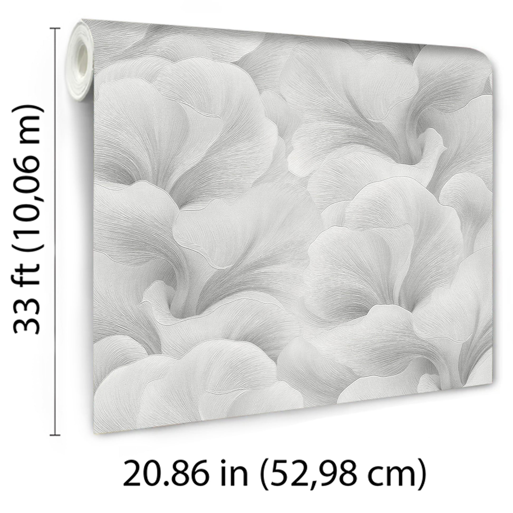 Rolled wallpaper with a large pale gray floral pattern on white; modern botanical wall decor.