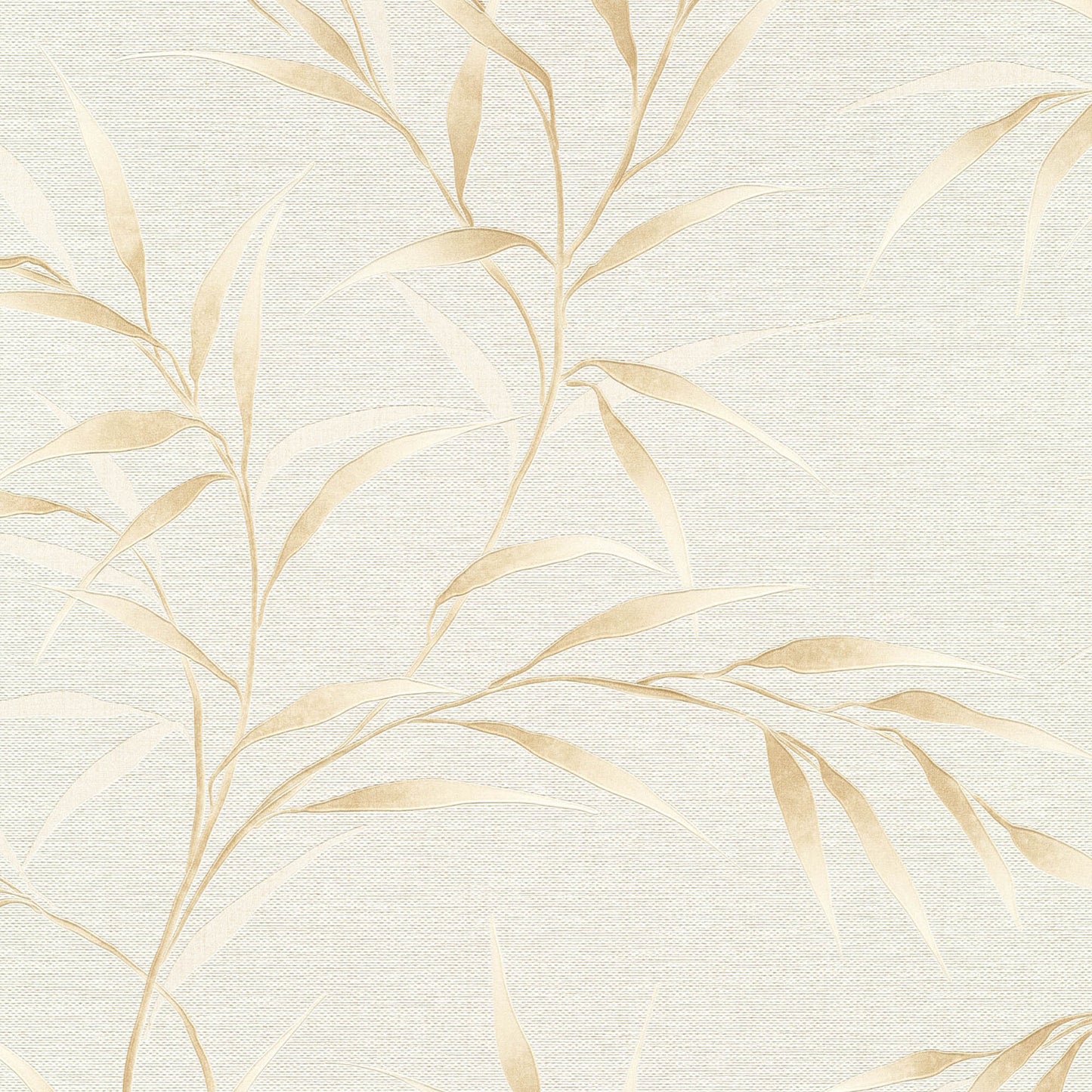 Beige botanical wallpaper with pale gold leaves on a textured cream linen background.