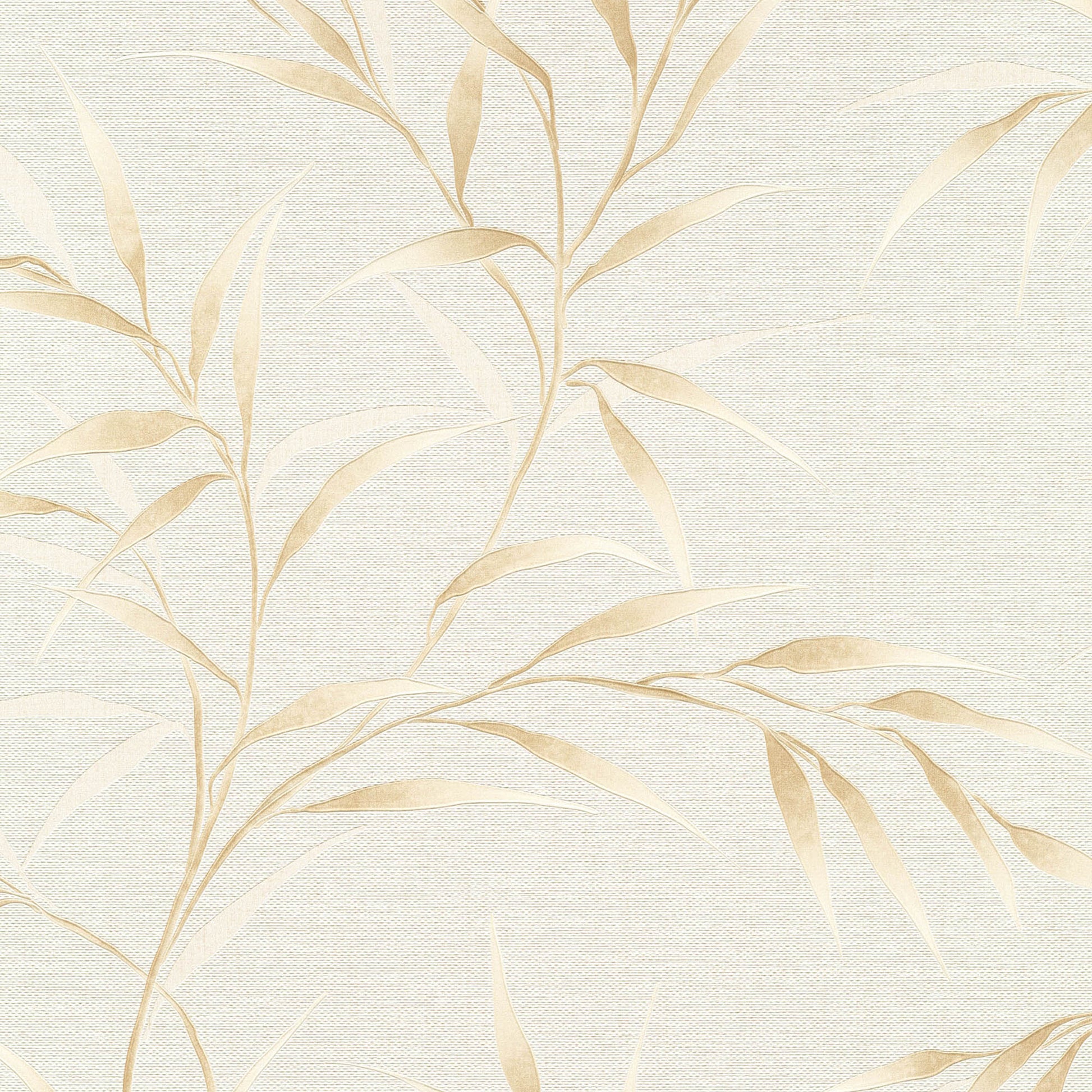 Beige botanical wallpaper with pale gold leaves on a textured cream linen background.