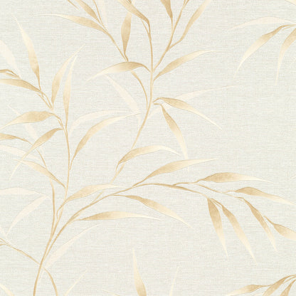 Beige botanical wallpaper with pale gold leaves on a textured cream linen background.