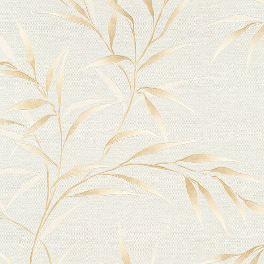 Beige botanical wallpaper with pale gold leaves on a textured cream linen background.