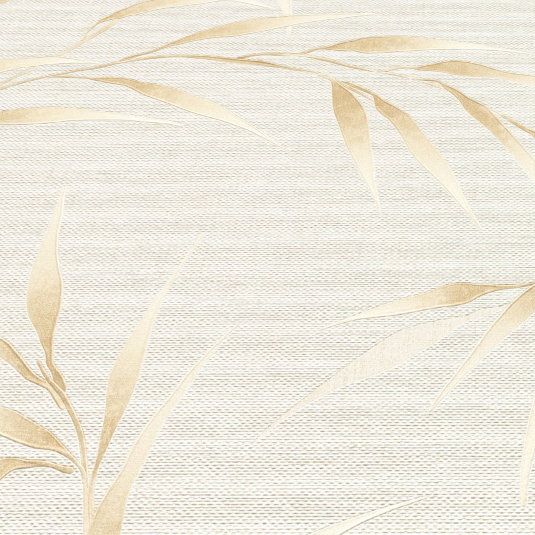 Cream textured wallpaper with pale gold botanical leaves in a subtle, elegant pattern.