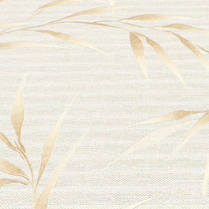 Cream textured wallpaper with pale gold botanical leaves in a subtle, elegant pattern.