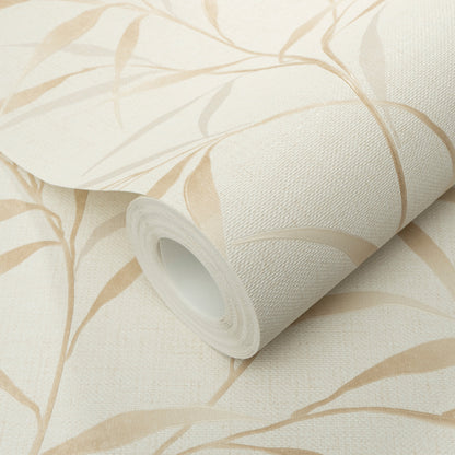 Beige leaf-pattern wallpaper roll with a subtle textured surface on ivory background, partially unrolled.