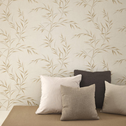 Beige wallpaper with a botanical leaf pattern visible behind a sofa.