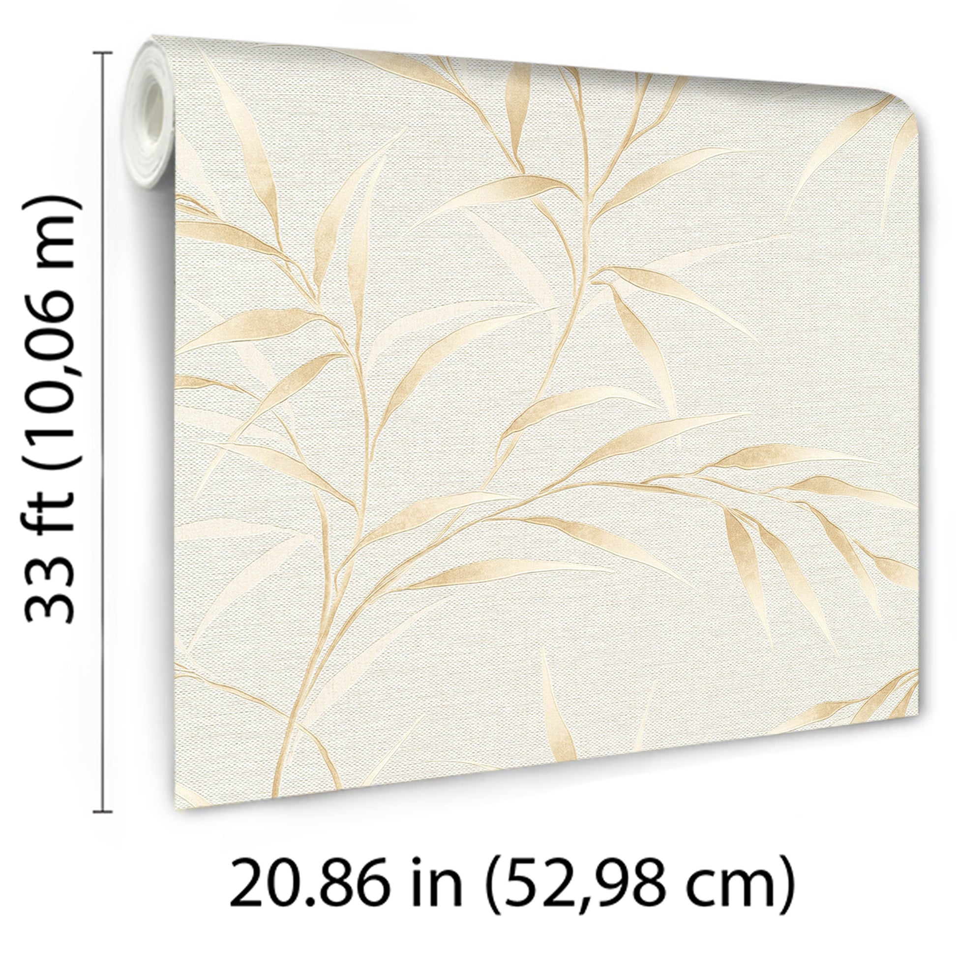 Wallpaper roll with beige bamboo leaf pattern on light linen backdrop; ivory-gold tones, textured look.