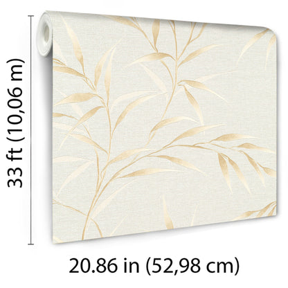 Wallpaper roll with beige bamboo leaf pattern on light linen backdrop; ivory-gold tones, textured look.